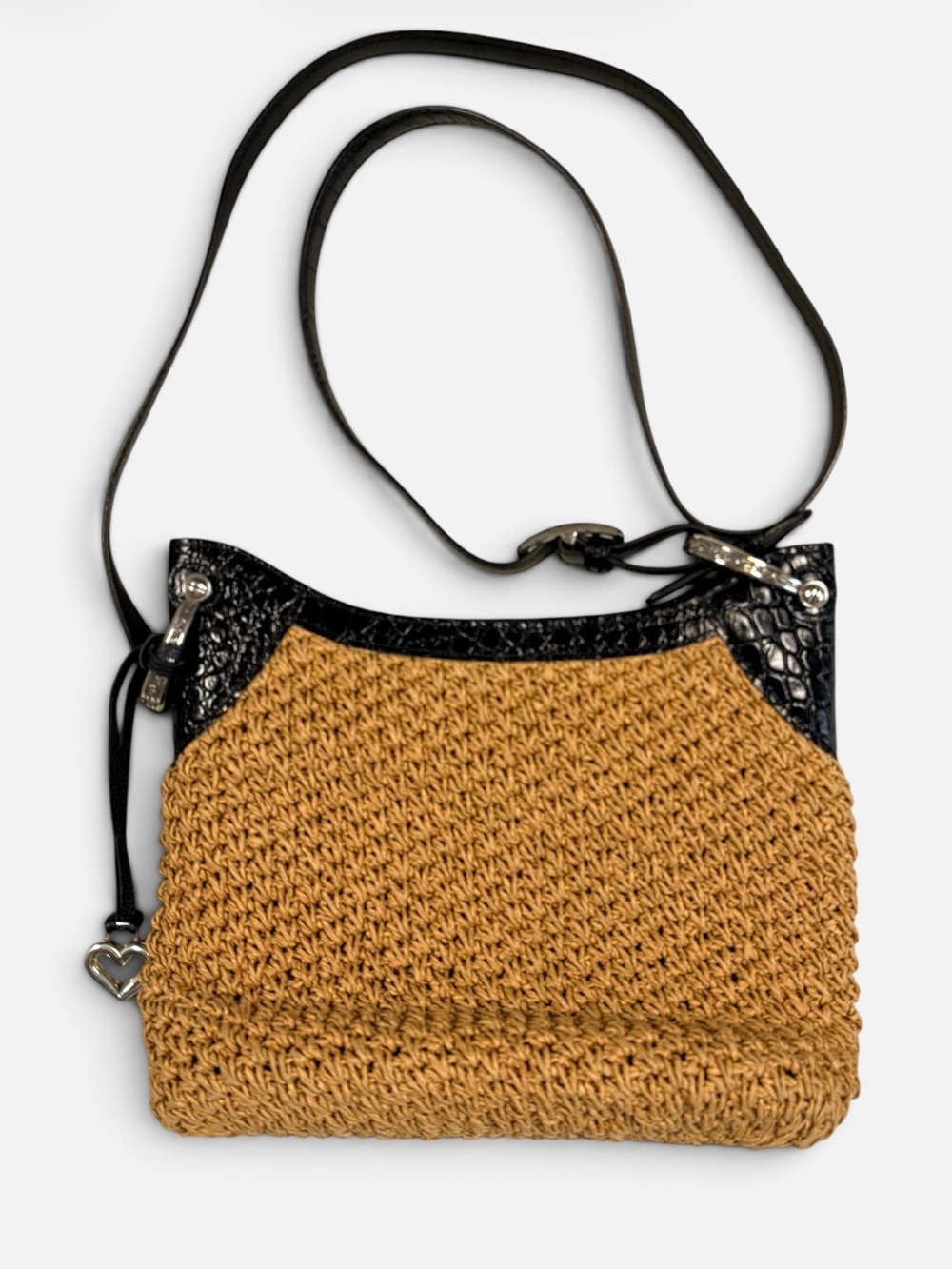 Brighton Leela Crocheted Straw Crossbody Embossed Python Leather Strap & Trim